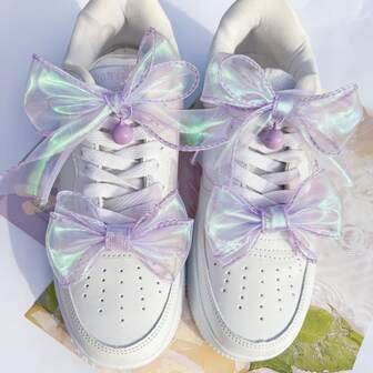 Lila laser satin rosett accessoar, skodekoration, skodekoration i lila charm-serien, lämplig för sneakers, sportskor, vardagsskor, skoklämmor