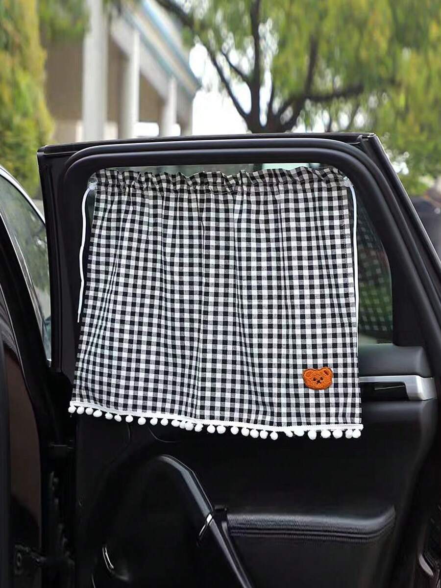 1pc Car Rear Window Sunshade, Suction Cup Mounted, Cute Plaid Bear Design, Universal Fit For Baby Stroller/Car - one-size - View 1