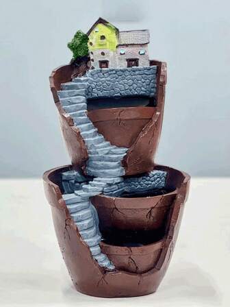 1 pieza Figura miniatura de casa de estilo francés campestre de resina con orificio de drenaje - Maceta redonda de sobremesa para suculentas para decoración interior y exterior, acabado lacado, ideal para hierbas, cactus y plantas