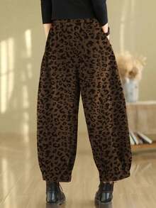 Women's Autumn/Winter Fashion Leopard Print All-Over Print Pocket Elastic Waist Loose Harem Pants, Casual Fashion Comfortable - Coffee Brown - View 6