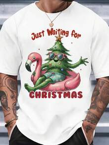 Men's Crew Neck T-Shirt With Christmas Tree Print Featuring Sunglasses And An Inflatable Flamingo, With The Text "Just Waiting For Christmas." Ideal For Everyday Wear, Parties, Christmas Festivities, Summer, Holidays, And Casual Fun Style. - 白色 - 查看 6