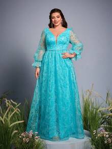 Anpoket 新款法式V领高贵大码晚礼服刺绣珍珠串珠腰带灯笼袖长裙 - 薄荷藍 - 查看 3