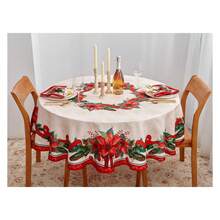 Poinsettia Tablecloth 70 Inch Round - Christmas Fabric Table Cover For Holiday Dining, Xmas Party Decorations, Winter Table Setting, Red Floral Design - Multiwarna 53 - View 2
