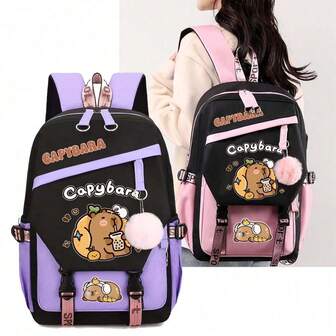 Mochila nueva de Capibara - Bolsa para portátil de gran capacidad y alta calidad con diseño de dibujos animados, poliéster duradero para estudiantes universitarios, viajes y desplazamientos diarios, mochila de viaje | Mochila moderna | Estuche de lápices de múltiples capas con cierre de cremallera, útiles escolares para volver al colegio, esenciales escolares perfectos para estudiantes y regalos de Navidad