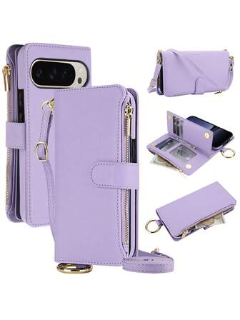  AWQUER Plånboksfodral i PU-konstläder lämplig för Google Pixel 10 9 Pro XL med fingerringhållare, kreditkortshållare RFID-skyddande dragkedja telefonväska, axelbandsfodral i läder för män och kvinnor, multifunktionellt mobiltelefonsfodral