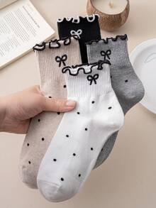 1/4 双装女士袜子，纯色波点蝴蝶结荷叶边袜，时尚百搭学院风中筒袜，适合日常休闲、居家、办公、运动、通勤、学生、派对等场合，可爱又百搭，四季皆宜，斋月期间穿着也舒适柔软。 - 彩色 - 查看 6