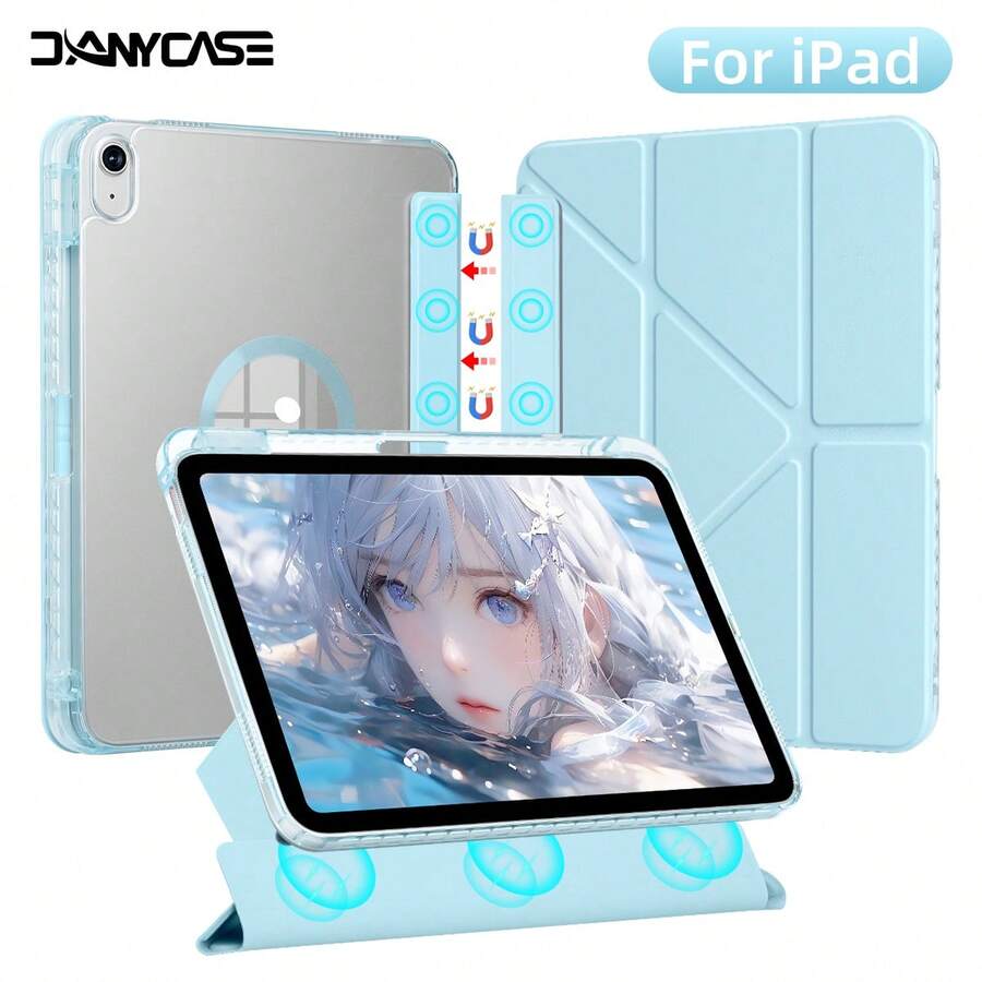 Husă detașabilă pliabilă în Y pentru tabletă, compatibilă cu iPad 11, A16, 2025, 10, Air 4, 5, 10,9, Air 11, M2, M3, 7, 8, 9, 10,2, 5, 6, 9,7, Mini6, 7, trezire automată, suport pliabil multi-unghi, slot pentru stilou încorporat, capac detașabil - Bleu - Vizualizare 1