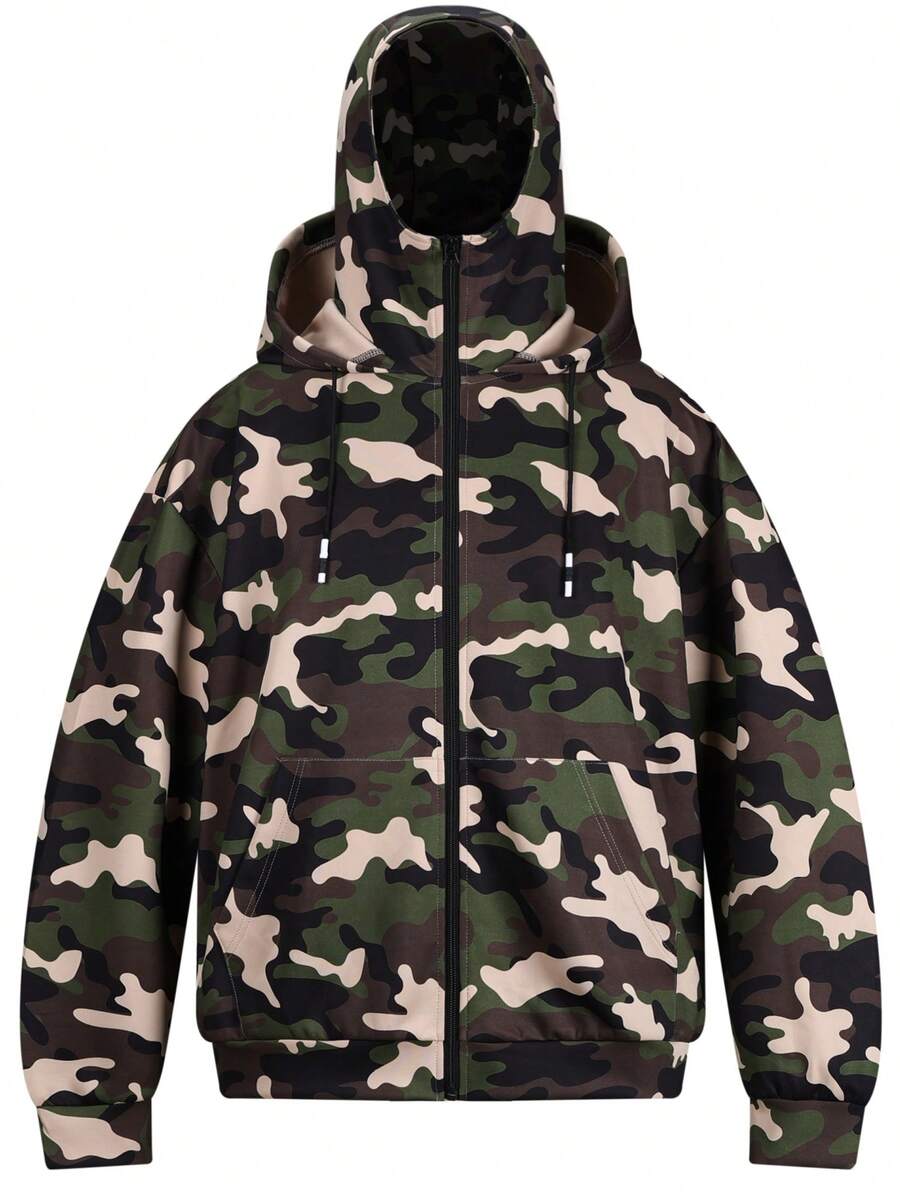 New Spring/Autumn Hooded Jacket, Camouflage Hooded Sweatshirt, Double Hood Design, Ribbed Trim, Open Front Hooded Jacket, Polyester Blend, Stretchy, Fashion Versatile - Apricot - View 1