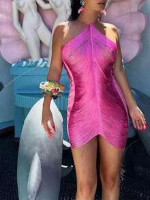 Women's Early Spring Halter Neck Backless Slim-Fit Solid Color Bodycon Dress, Women's Black/White Party Dress, Date Dress. - 玫紅色 - 查看 1