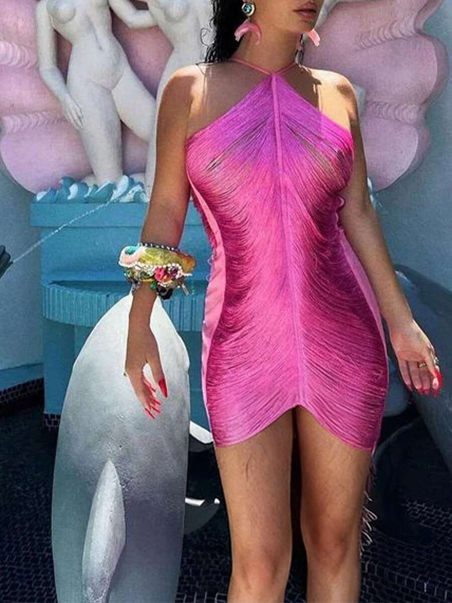 Women's Early Spring Halter Neck Backless Slim-Fit Solid Color Bodycon Dress, Women's Black/White Party Dress, Date Dress. - 玫紅色 - 查看 1