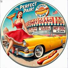 1pc 8x8 Inch Vintage Coney Island Hot Dog Poster Sign - Retro Beach, Bar Or Home Decor In Wood Material And Vibrant Colors - Perfect For Adding A Nostalgic Touch To Any Room, Pre-Drilled Holes As Shown In Size Chart