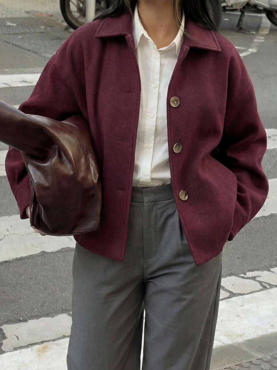 女士时尚休闲法式单排扣短款宽松领羊毛大衣 - 中紫紅色 - 查看 1