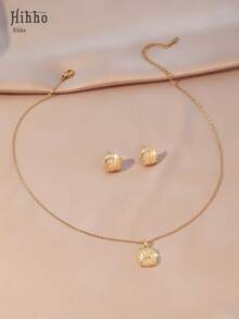 Hihho 3 件不锈钢链项链和方晶锆石镶嵌圆形吊坠项链和耳环套装，复古别致珠宝，日常佩戴，节日派对礼物（无礼盒） - 金黃色 - 查看 10