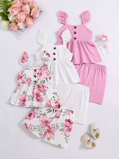 6 delar set med enfärgade och blommiga toppar och shorts för babyflickor, passar för sommarens vardag och utomhusaktiviteter, kan vara present, barn- och flickkläder