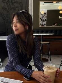 Conjunto Para Mujer Polka Dots Long Sleeve Crewneck Tee Tops And Fold Over Elastic Waist Pants Set Spring Lounge Outfit - 藍色 - 查看 6