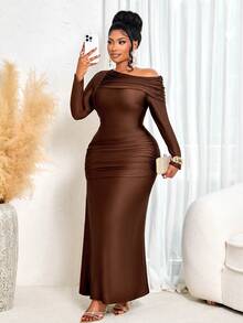 BIUBIU Autumn & Winter Plus Size Women's Asymmetric Shoulder Long-Sleeve Mermaid Maxi Dress, Sexy Party Casual Vacation Style Brown Shiny Fabric One-Shoulder Gathered Off-Shoulder Collar Front Slit Ruffle Knit Long Skirt, Christmas Outfit Women/Party Dress/New Year Women's Outfit
