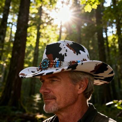 Cowgirl Hats For Women Men Western Rolled Wide Brim Cow Print Fedora Jazz Hat With Beaded Decorative Belt