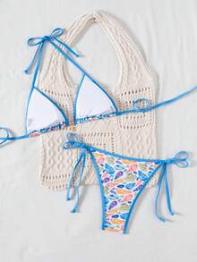 Bộ đồ bơi bikini hở lưng in họa tiết vỏ sò gợi cảm mùa hè dành cho nữ - Màu xanh lam - Xem 2
