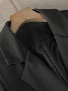 Black Lace-Up Double-Breasted Women's Suit Jacket, Mid-Length Slim Fit Commuter Coat, Crisp Drapey Fabric, Elegant Casual Outerwear For Women Aged 25-45 - Black - View 4