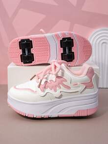 儿童四轮滑鞋，可拆卸轮子运动鞋，系带式Heelys轮滑鞋，男女童时尚休闲鞋 - 粉色 - 查看 6