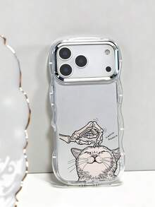 Clear Phone Case With Electroplated Camera Ring, Cat And Skeleton Hand Interaction Pattern Dark Humor Style, Creative Illustration Design, Compatible With IPhone 17/16/15/14/13/12, Pro Max, Pro, Plus; Galaxy A54/A55/A56/A70/A71/A72/A73/A, Galaxy S26/S25/S24/S23/S22/S21, Holiday Gift, Perfect For Family And Friends - 無色 - 查看 3