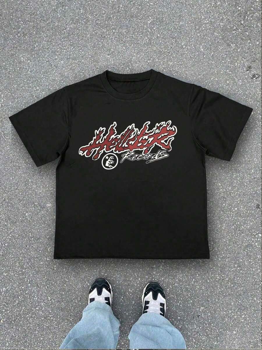 Metal Rock & Street Style " Records" Logo Graphic Print Men's T-Shirt For Concert & Daily Casual In Summer - màu đen - Xem 1