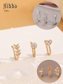 Hihho 3 件/套 流行水钻叶子和心形装饰鼻套 铜色 简约时尚 适合女士和女孩 情人节