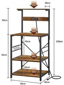 Estante de cocina con toma de corriente de 4 niveles, soporte de microondas de cocina con 6 ganchos en forma de S, estante de almacenamiento para especias, ollas y sartenes, marrón rústico - 1 - Ver 7