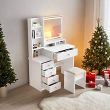 Vanity Desk Set With LED Lighted Mirror, 5 Drawers Makeup Vanity With Stool And Open Shelves, Vanity Mirror 3 Color Lighting Modes Adjustable For Bedroom, White - View 5