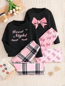 Bộ đồ ngủ thường ngày 4 món cho bé gái, bộ đồ ngủ màu hồng dễ thương với nơ "Chúc ngủ ngon", mang đến trải nghiệm thời trang, nhiều món, thích hợp cho các kỳ nghỉ xuân/thu, ngày Valentine, mặc hàng ngày, có thể dùng làm quà tặng cho bé gái. - màu đen - Xem 1