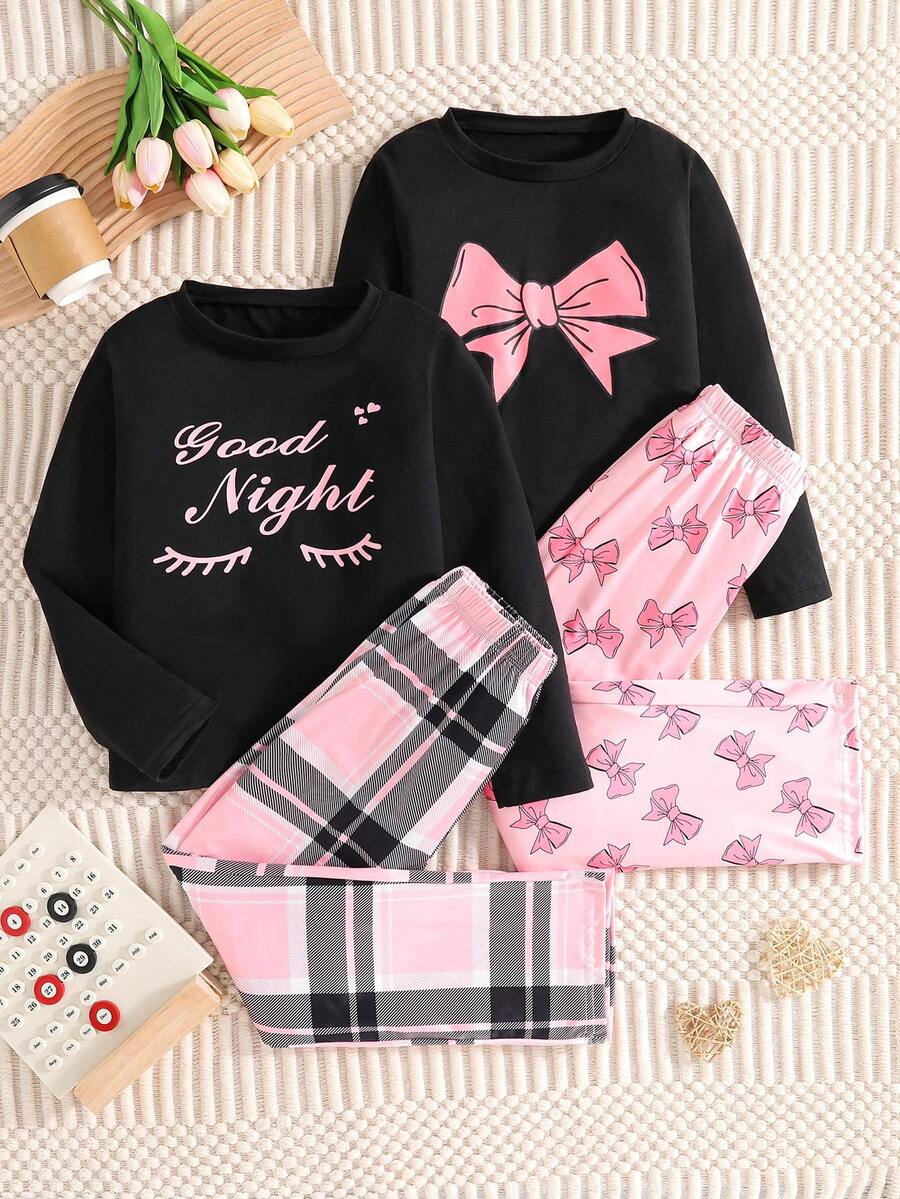 Bộ đồ ngủ thường ngày 4 món cho bé gái, bộ đồ ngủ màu hồng dễ thương với nơ "Chúc ngủ ngon", mang đến trải nghiệm thời trang, nhiều món, thích hợp cho các kỳ nghỉ xuân/thu, ngày Valentine, mặc hàng ngày, có thể dùng làm quà tặng cho bé gái. - màu đen - Xem 1