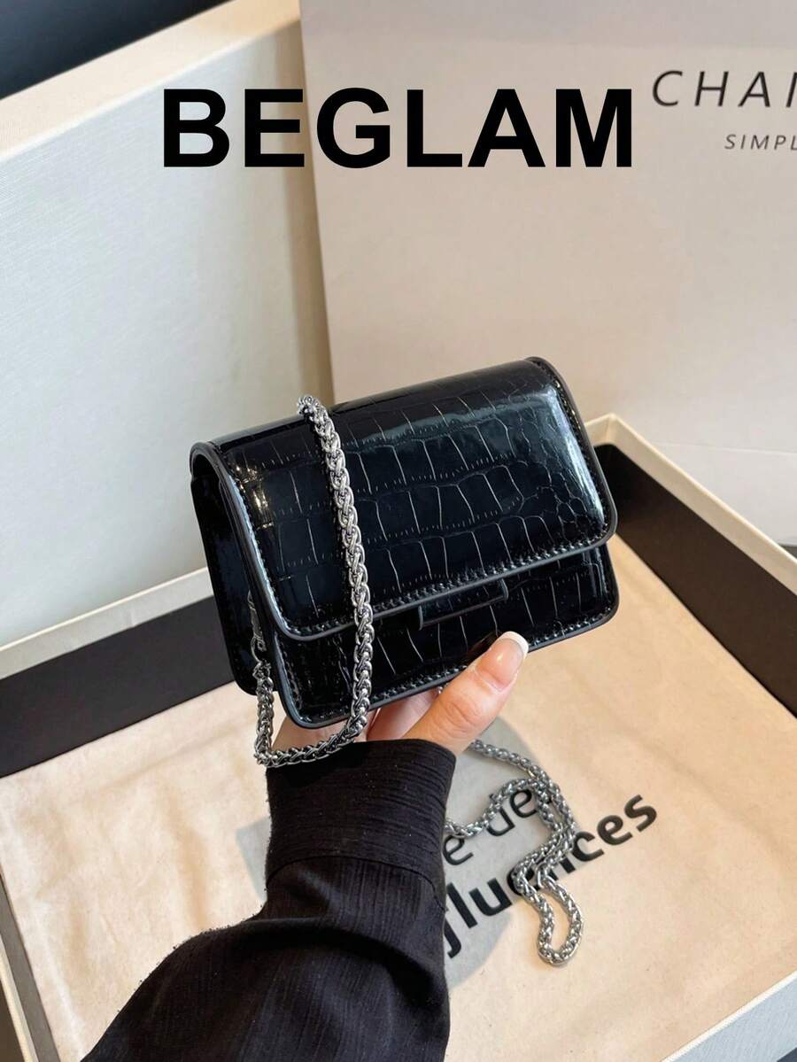 Mini Rhinestone Metal Decor Crossbody Bag, Fashion Flap PU Metal Chain Strap Underarm Bag, Women's Stylish Wallet - Black - View 1
