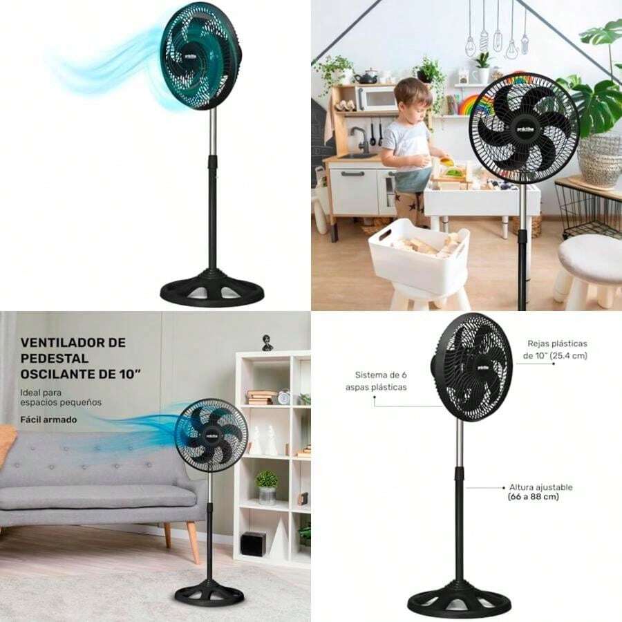 PRACTIKA 10-SF | Ventilador de Pedestal 10" Negro | 3 Velocidades | Altura Ajustable (66 a 88 cm) | Compacto y fácil armado | para Espacios Pequeños | 65W(NEGRO) - Multicolor - Ver 1