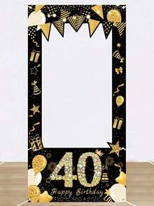 1pc 40th Birthday Photo Backdrop, Black And Gold Balloon Design - Multicolor - View 1