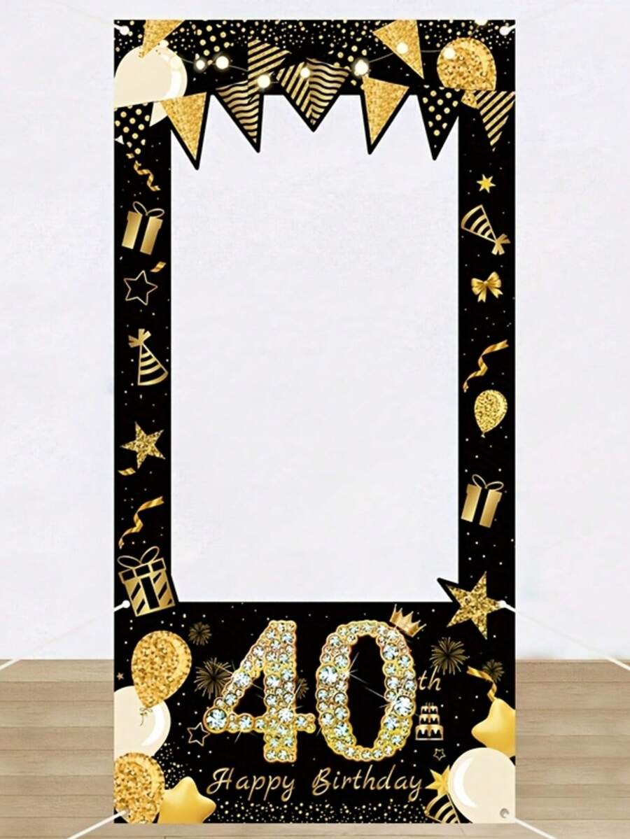 1pc 40th Birthday Photo Backdrop, Black And Gold Balloon Design - Multicolor - View 1