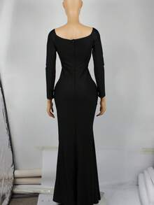 Vestido largo de fiesta negro sin tirantes de manga larga y sexy para mujer, de verano - Negro - Ver 2