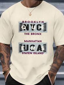 Men's Crew Neck T-Shirt With A Print Of Letters And Names Of New York Neighborhoods, A Modern Urban Design Ideal For Everyday Casual Wear, Perfect For Social Outings In Summer And Autumn. - 杏色 - 查看 1