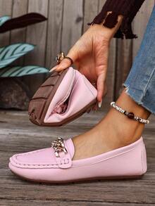 Women's Spring New Chain Loafers, Soft Leather Penny Loafers Slip-On Flat Shoes - Pink - View 7