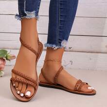 新款时尚PU皮编织凉鞋，适合海滩、派对、四季穿着 - 巧克力棕 - 查看 3