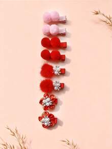 2 szt. noworocznych czerwonych spinek do włosów z pomponami, spinki do włosów z perłowymi kwiatami dla dziewcząt, urocza pluszowa spinka w kształcie kaczuszki, zestaw upominkowy z akcesoriami do włosów, świąteczna dekoracja włosów - Wielokolorowe - Zobacz 3