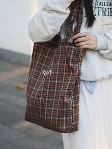 Dedoo New Casual Fashion Plaid Handbag, Pleated Shoulder Strap, Korean Loose Letter Tote Bag, Foldable Large Capacity Shoulder Bag, Suitable For University, Shopping, Travel - Multicolor - View 4