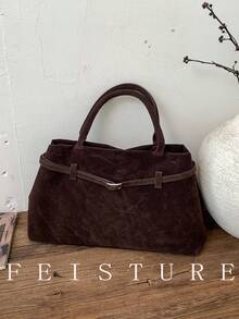 1 szt. Skórzana torba na ramię z imitacji zamszu w jednolitym kolorze, duża pojemność, damska aktówka do pracy, zapięcie magnetyczne, odpowiednia dla dziewcząt, kobiet, studentek, osób rozpoczynających karierę i pracowników biurowych, idealna do pracy, biznesu, dojazdów do pracy, szkoły i nie tylko - Kawa - Zobacz 7