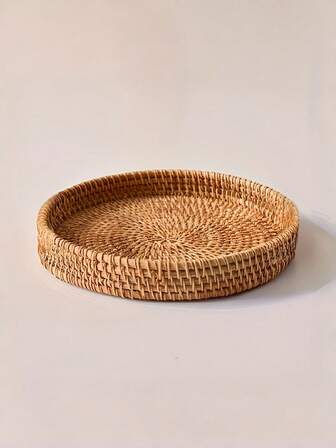1pc Autumn Rattan Woven Tray, Minimalist & Practical Handmade Rattan Woven Flat Bottom Storage Basket, Decorative Tray For Breakfast, Coffee, Bread, Fruit, Dessert, Picnic, Suitable For Dining Table, Home Decor, Outdoor Camping