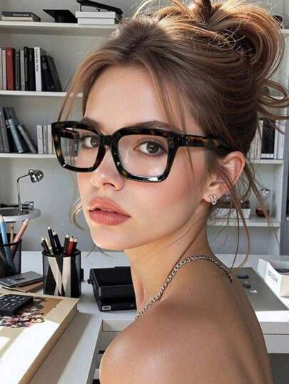 一副方形时尚简约眼镜，透明镜片，适合阅读、游戏、看电视、使用电脑和手机，男女通用