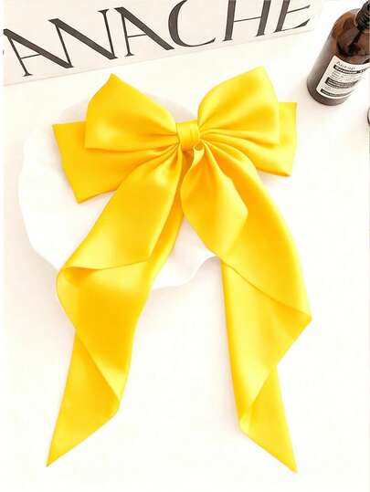 1pc Solid Color Satin Hair Clip With Ribbon & Big Bow, Multifunctional Hair Accessory For Girls, Suitable As Hair Claw, Hair Clip, Hair Decoration, Holiday Gift