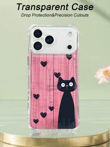 1 pieza Funda transparente con diseño de gato negro sobre fondo rosa de madera con corazones estilo dulce y romántico ideal para regalo en San Valentín protección contra caídas carcasa transparente ligera y resistente, compatible con iPhone 17/16/15/14/13/12/11/XS/XR/X/PLUS/PRO/PROMAX, compatible con Galaxy A34/A35/A54/A55, Galaxy S20/S21/S22/S23/S24 Ultra/Plus, compatible con Moto/Galaxy/Redmi/Honor/OPPO, regalo ideal para fiestas - transparente - Ver 4