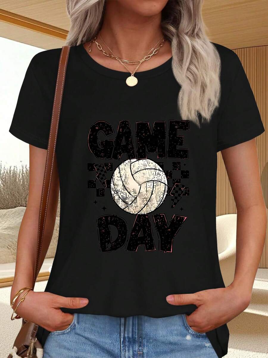 Camiseta de con estampado de voleibol y texto GAME DAY para eventos deportivos - Negro - Ver 1