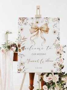 Cartel de bienvenida de boda personalizable con estilo bohemio y floral, con lazo dorado - Nombre y fecha personalizados, decoración de boda elegante en dorado, decoración de recepción, diseño moderno, plástico duradero, estilo bohemio - Multicolor - Ver 6