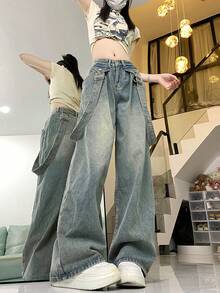Detachable Suspender High Waist Loose Baggy Flare Leg Jeans, Retro Niche Style - Blue - View 6