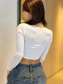 DUKEZA blusa basica cuello v con botones - Blanco - Ver 2